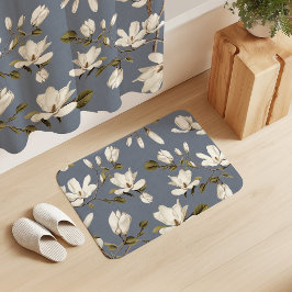 Vit Magnoliadunge på skifferblå Elegant Blommig Badrumsmatta