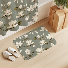 Vit Magnolialund Lagergrön Elegant Blommig Badrumsmatta