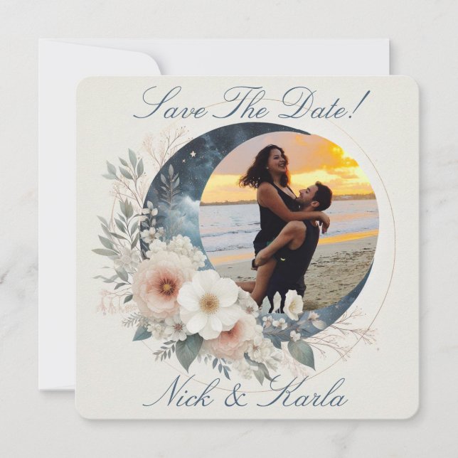 Vit månblomma Spara datumfotomeddelande Inbjudningar (Framsida)