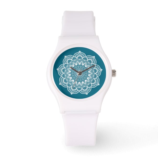 Vit Mandala på Blå Bakgrund Armbandsur (Framsida)