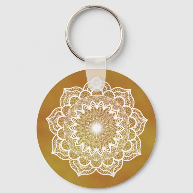 Vit Mandala på Guld Bakgrund Nyckelring (Baksida)