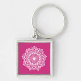 Vit Mandala på Rosa Bakgrund Fyrkantig Silverfärgad Nyckelring