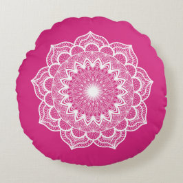 Vit Mandala på Rosa Bakgrund Rund Kudde