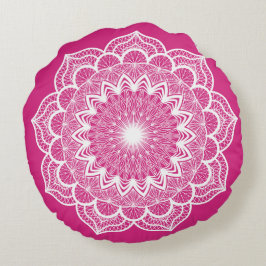 Vit Mandala på Rosa Bakgrund Rund Kudde