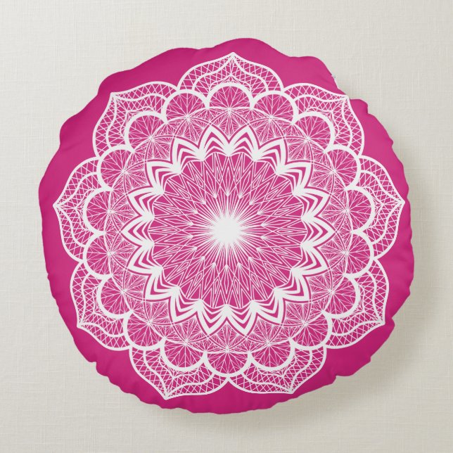 Vit Mandala på Rosa Bakgrund Rund Kudde (Baksidan)