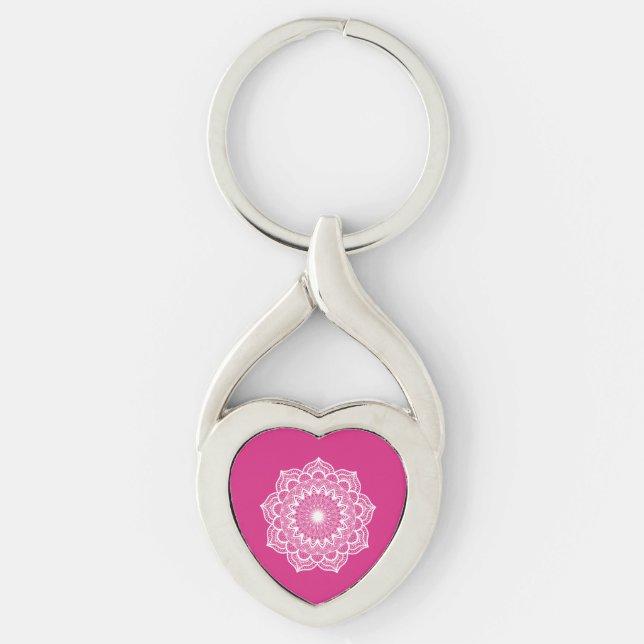 Vit Mandala på Rosa Bakgrund Twisted Heart Silverfärgad Nyckelring (Framsidan)