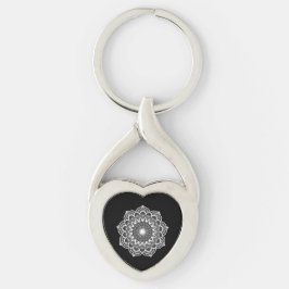 Vit mandala på svart bakgrund Metallnyckelring Twisted Heart Silverfärgad Nyckelring