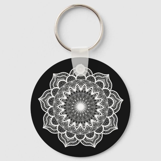 Vit Mandala på svart bakgrund Nyckelring (Baksida)