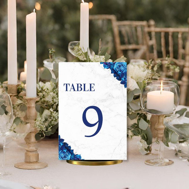 Vit marble Blommigt Navy Blue Bröllop Bordsnummer (Skapare uppladdad)