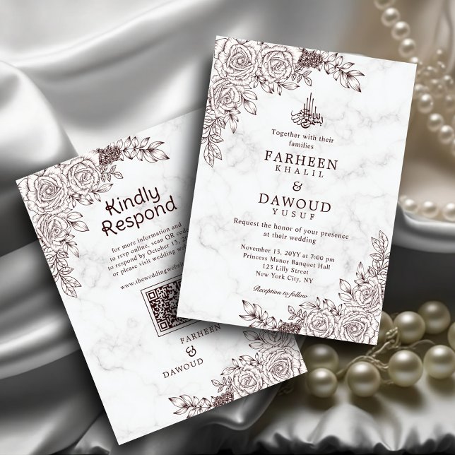 Vit marble Blommigt Snöre Islamic QR Code Bröllop Inbjudningar (Skapare uppladdad)