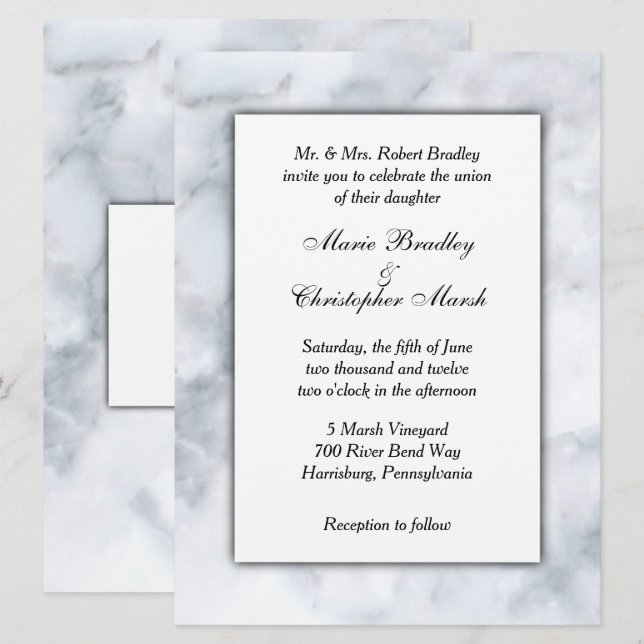 Vit marble Classy-bröllopsinbjudan Inbjudningar (Fram/baksida)