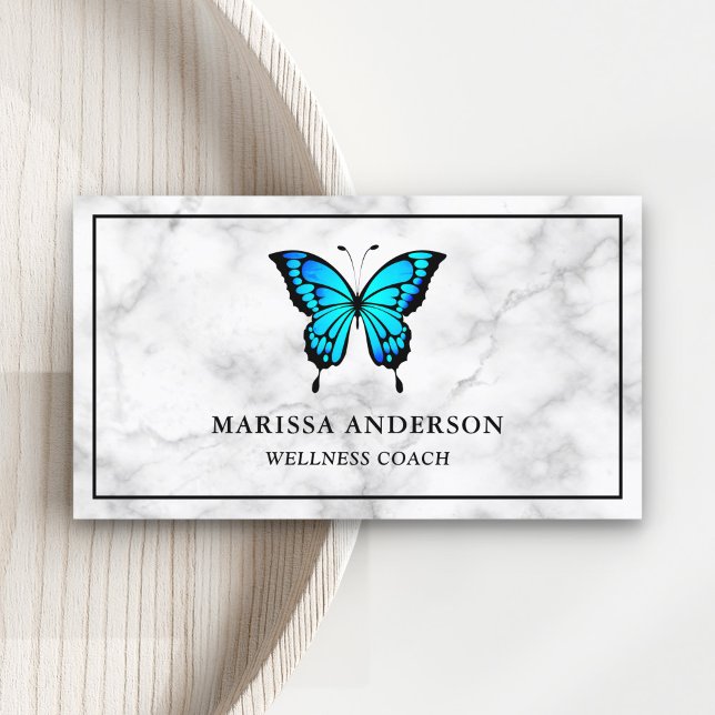 Vit marble Elegant Blue Butterfly Visitkort (Skapare uppladdad)