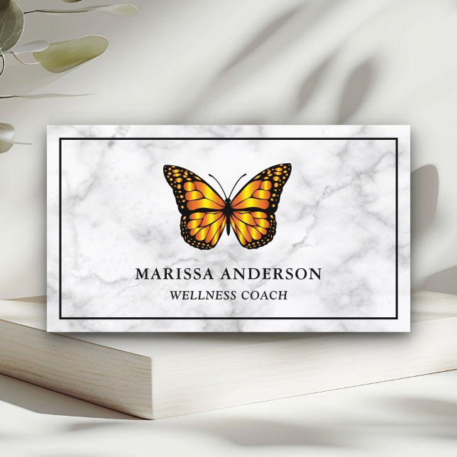 Vit marble Elegant Orange Monarch Butterfly Visitkort (Skapare uppladdad)