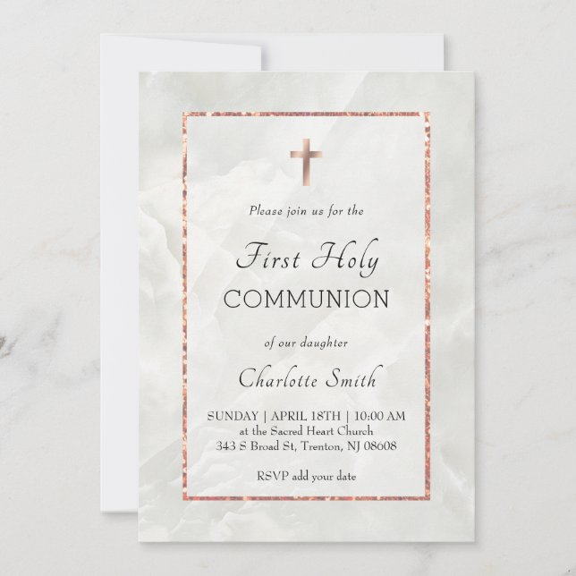 Vit marble First Heliga Communion Inbjudningar (Framsida)