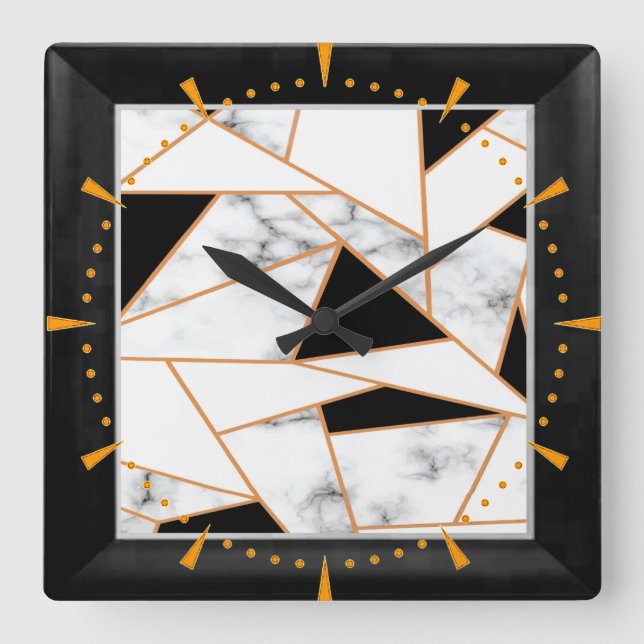 Vit marble Geometric i guld, svart Fyrkantig Klocka (Framsida)