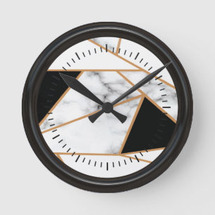 Vit marble Geometric i guld, svart Round Clock Rund Klocka