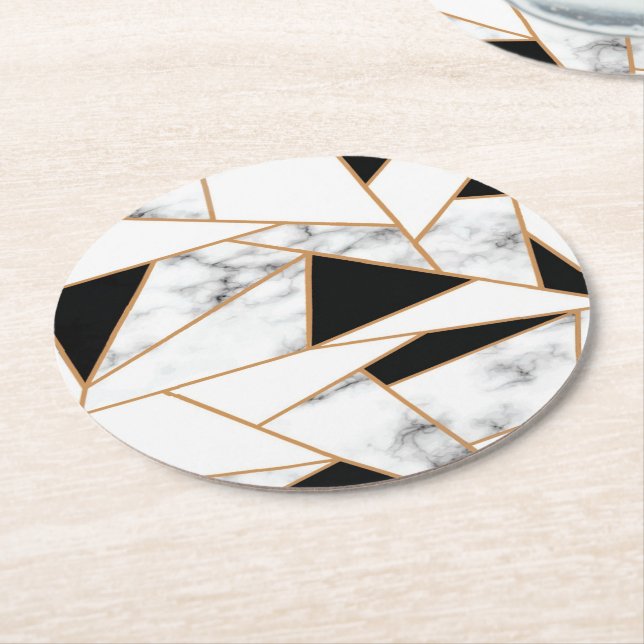 Vit marble Geometric i Guld Underlägg Papper Rund (Vinklad)