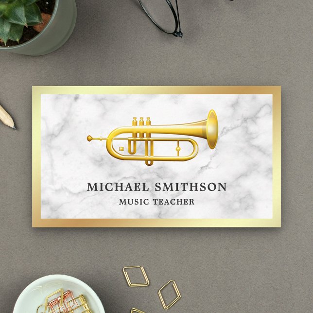 Vit marble Gold Foil Trumpet Music Lärare Visitkort (Skapare uppladdad)