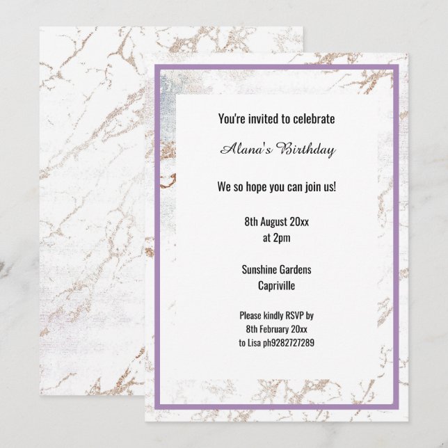 VIT MARBLE LILAC LILA THIN TRIM BIRTHDAY INBJUDNINGAR (Fram/baksida)