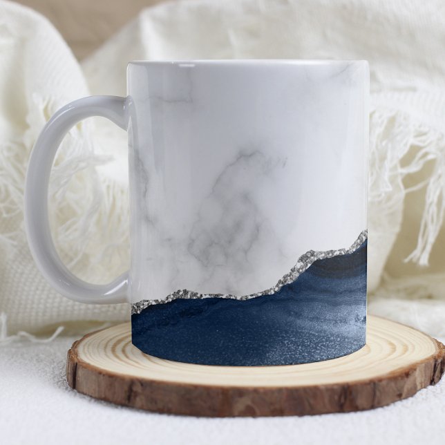Vit marble Navy Blue Silver Agate Kaffemugg (Skapare uppladdad)