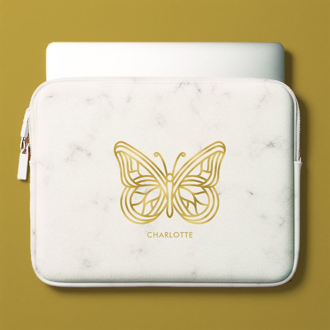 Vit marble och Guld Geometric Butterfly Laptop Fodral (Skapare uppladdad)