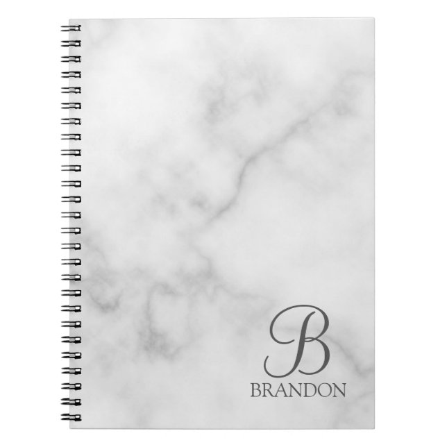Vit marble-Personlig Monogram och Namn Anteckningsbok (Framsidan)