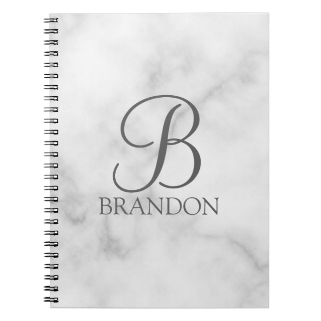 Vit marble-Personlig Monogram och Namn Anteckningsbok (Framsidan)