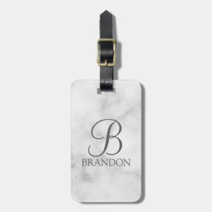 Vit marble-Personlig Monogram och Namn Bagagebricka