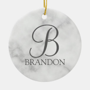Vit marble-Personlig Monogram och Namn Julgransprydnad Keramik