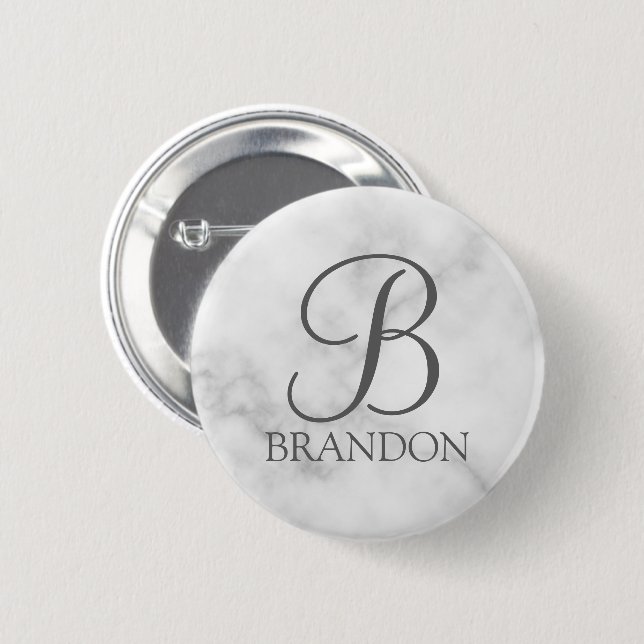 Vit marble-Personlig Monogram och Namn Knapp (Framsida & baksida)