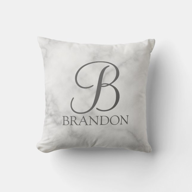 Vit marble-Personlig Monogram och Namn Kudde (Framsida)