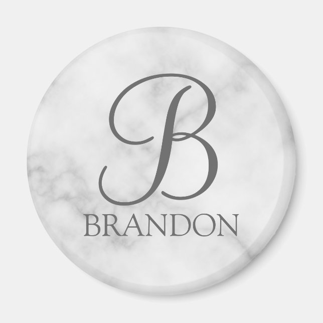 Vit marble-Personlig Monogram och Namn Magnet (Framsidan)