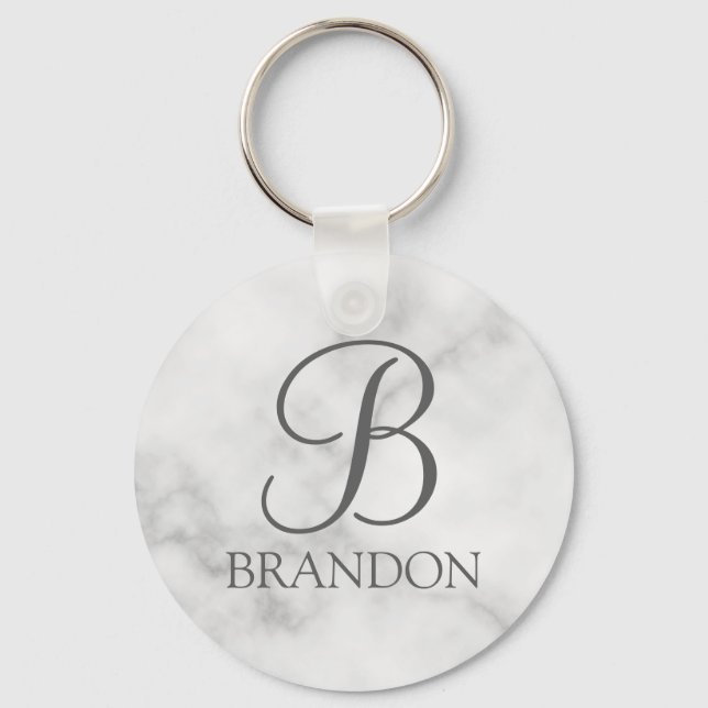 Vit marble-Personlig Monogram och Namn Nyckelring (Framsida)