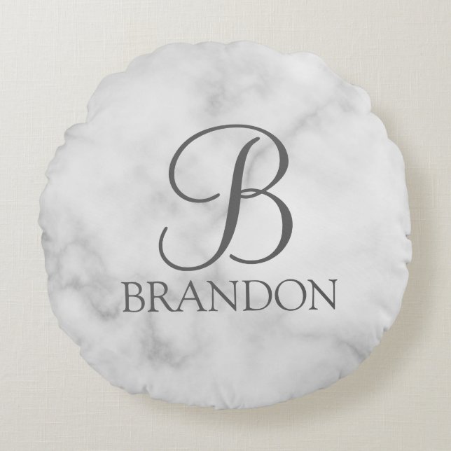 Vit marble-Personlig Monogram och Namn Rund Kudde (Framsidan)