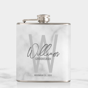 Vit marble Script-Personlig Groomsmans Namn Fickplunta