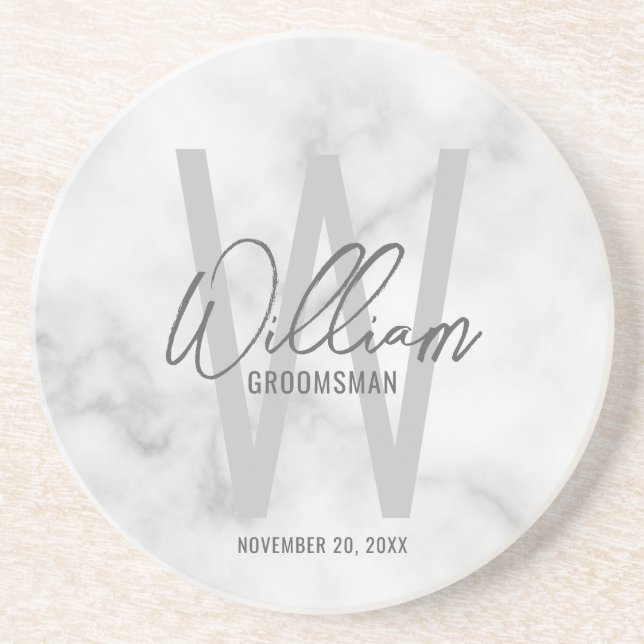 Vit marble Script-Personlig Groomsmans Namn Underlägg (Framsidan)
