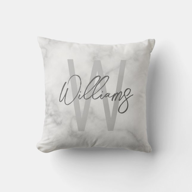 Vit marble Script-Personlig Monogram och Namn Kudde (Framsida)
