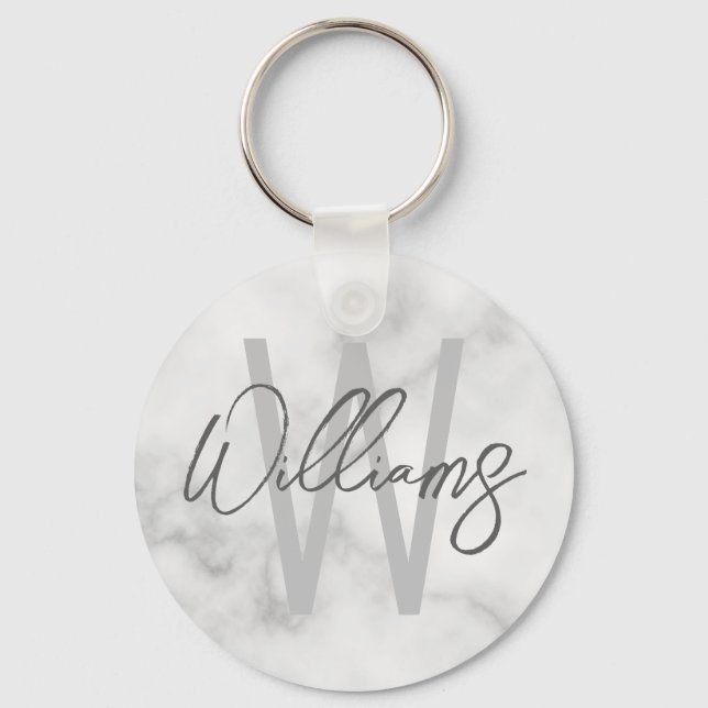 Vit marble Script-Personlig Monogram och Namn Nyckelring (Framsida)