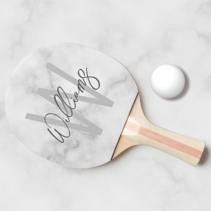 Vit marble Script-Personlig Monogram och Namn Pingisracket