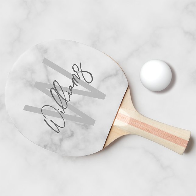 Vit marble Script-Personlig Monogram och Namn Pingisracket (Skapare uppladdad)