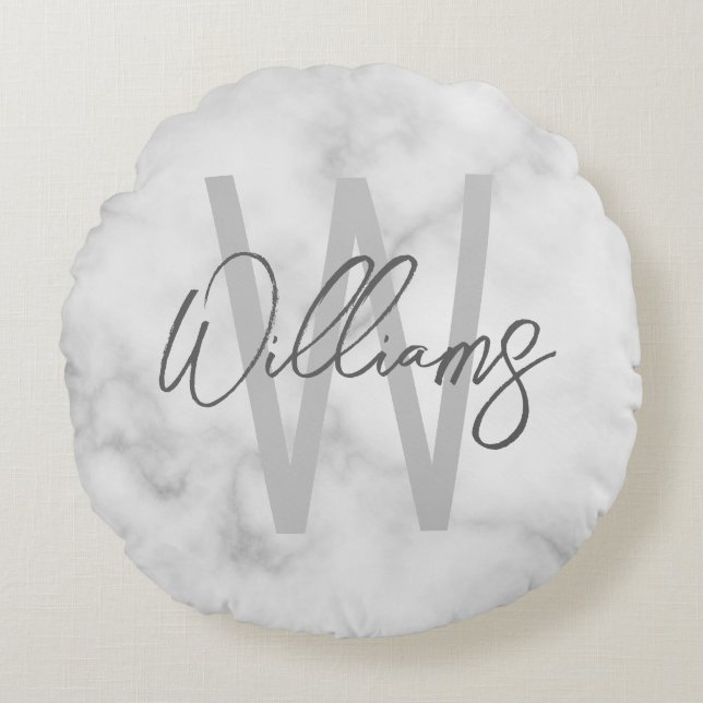 Vit marble Script-Personlig Monogram och Namn Rund Kudde (Framsidan)