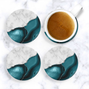 Vit marble Teal Blue Agate Silver Glitter Underlägg