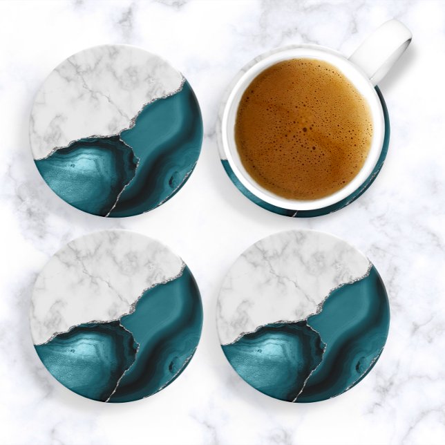 Vit marble Teal Blue Agate Silver Glitter Underlägg (Skapare uppladdad)