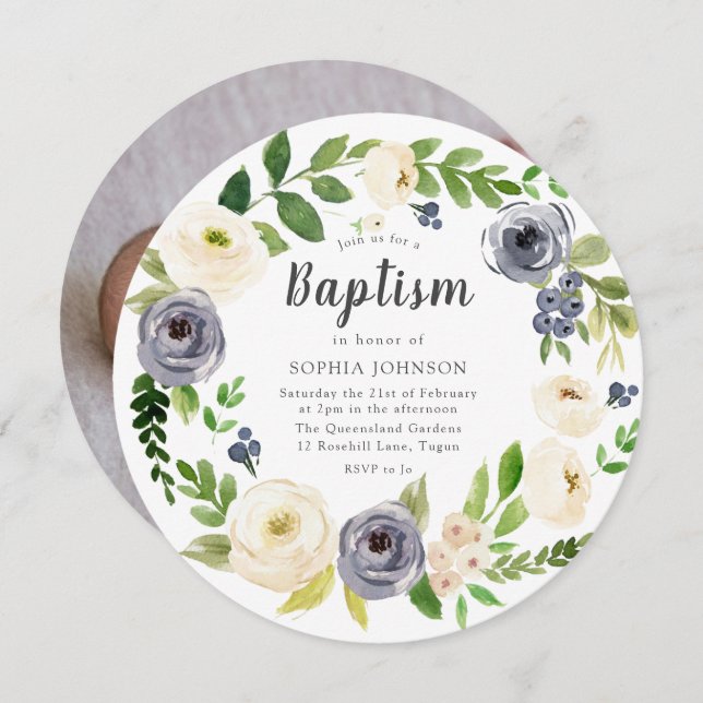 Vit marin Blommigt Utandning Baby Fotodobaptism Inbjudningar (Fram/baksida)