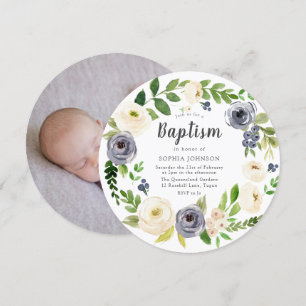 Vit marin Blommigt Utandning Baby Fotodobaptism Inbjudningar