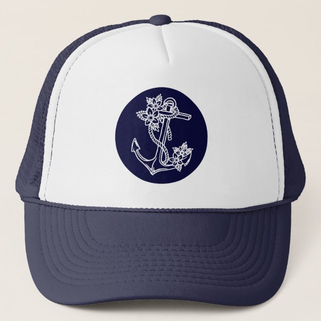 Vit & Marinblå Blommig Marinbåt Ankare Truckerkeps (Framsida)