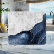 Vit marmor Blue Agate Silver Glitter