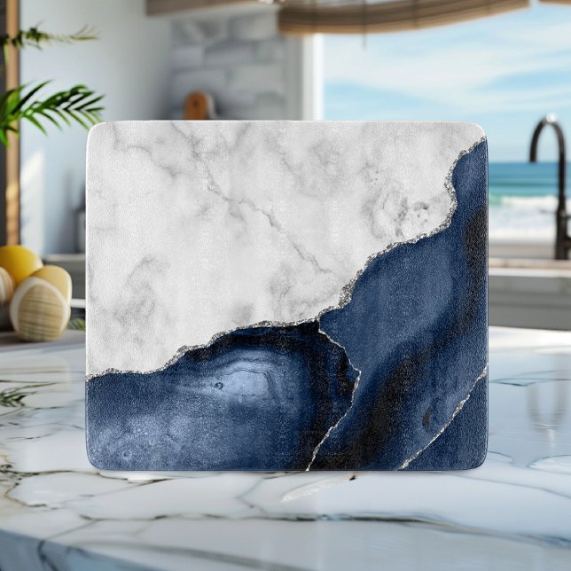 Vit marmor Blue Agate Silver Glitter (Skapare uppladdad)