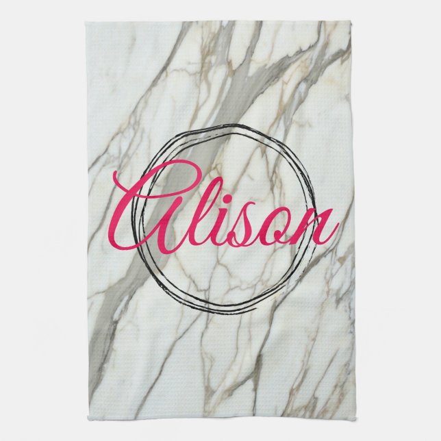 Vit marmor, brukligt namn för fuchsia kökshandduk (Vertikal)