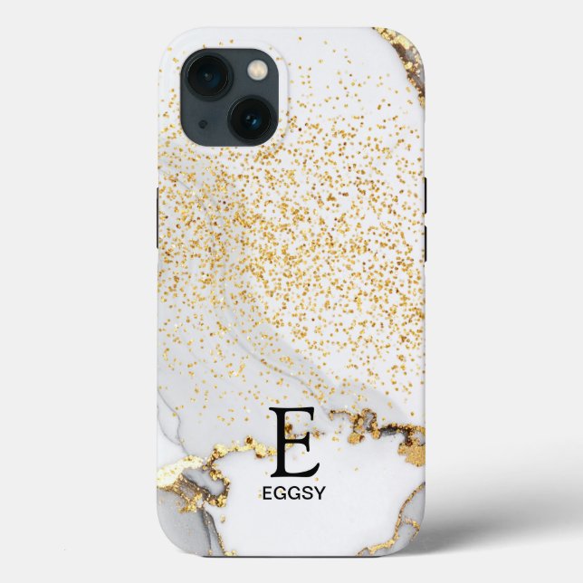 Vit marmor chic guld glitter monogram (Baksida)